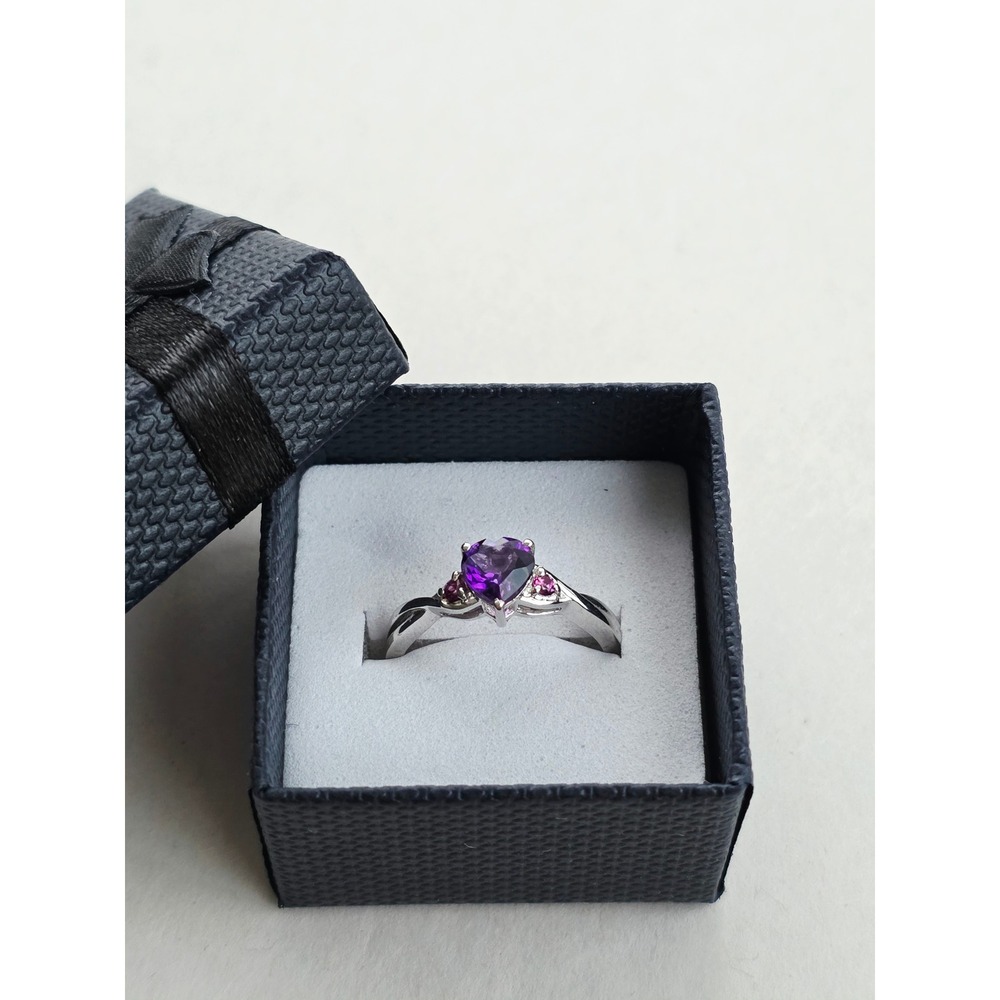 925 Sterling Silver Heart Amethyst and Pink Sapphire Ring Size 7.25 Gift Box new